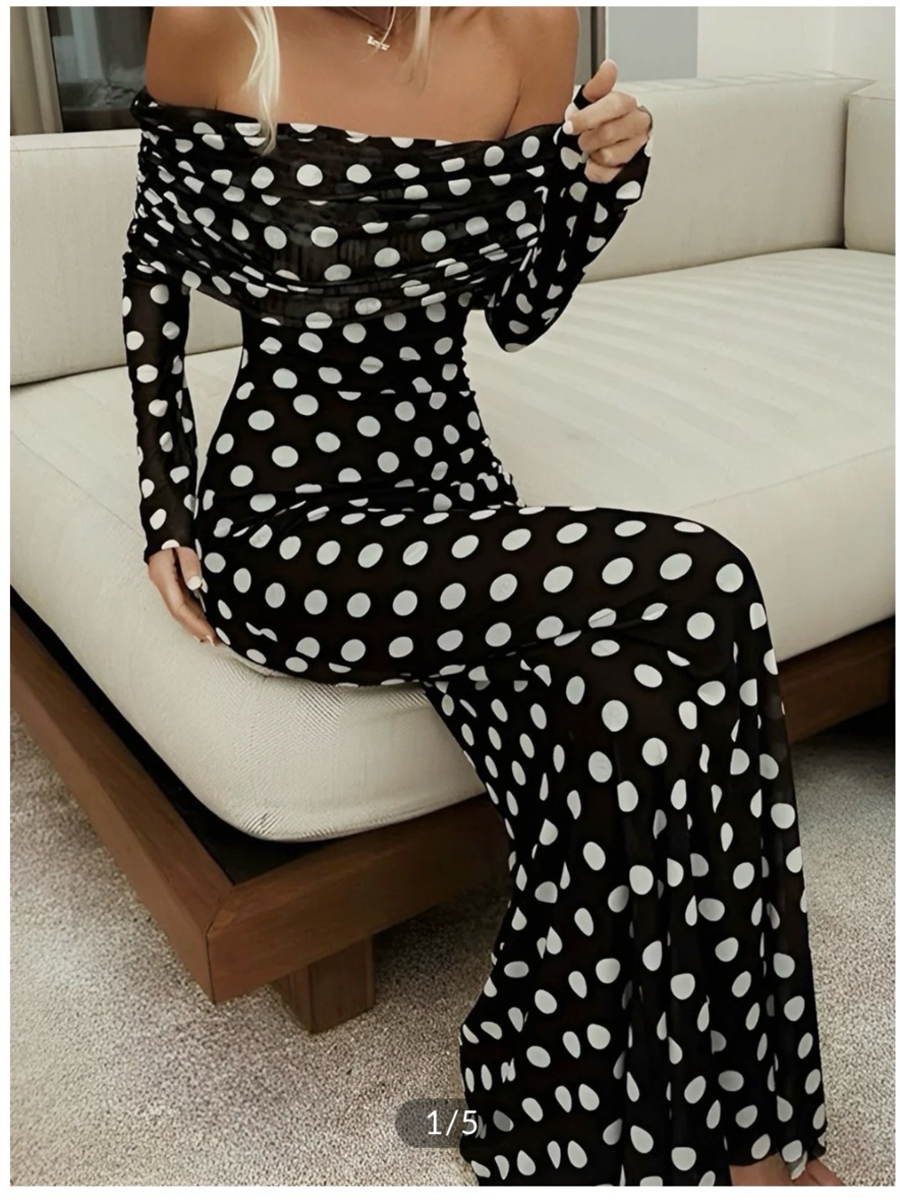 Commense Black & White Off-Shoulder Polka Dot Maxi Dress